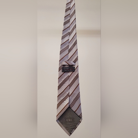 Beige, brown and gray striped silk IZAC 4 men tie/ pre-owned - Picture 10 of 12